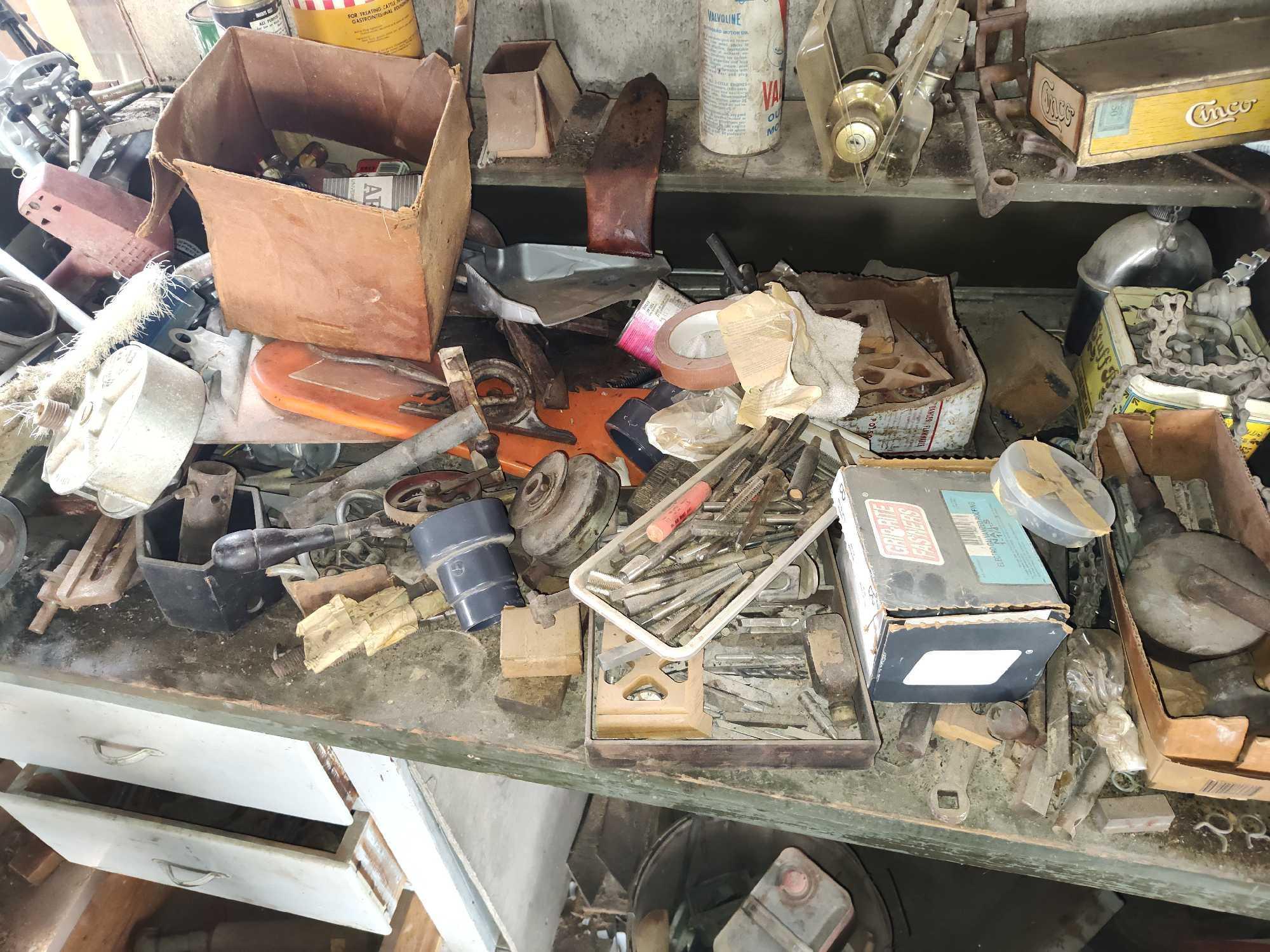 Contents of Workbench, Drill, Hardware, Oil Cans,