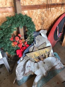 Wreaths, nativity scene board animals, knee board, metal flower stands