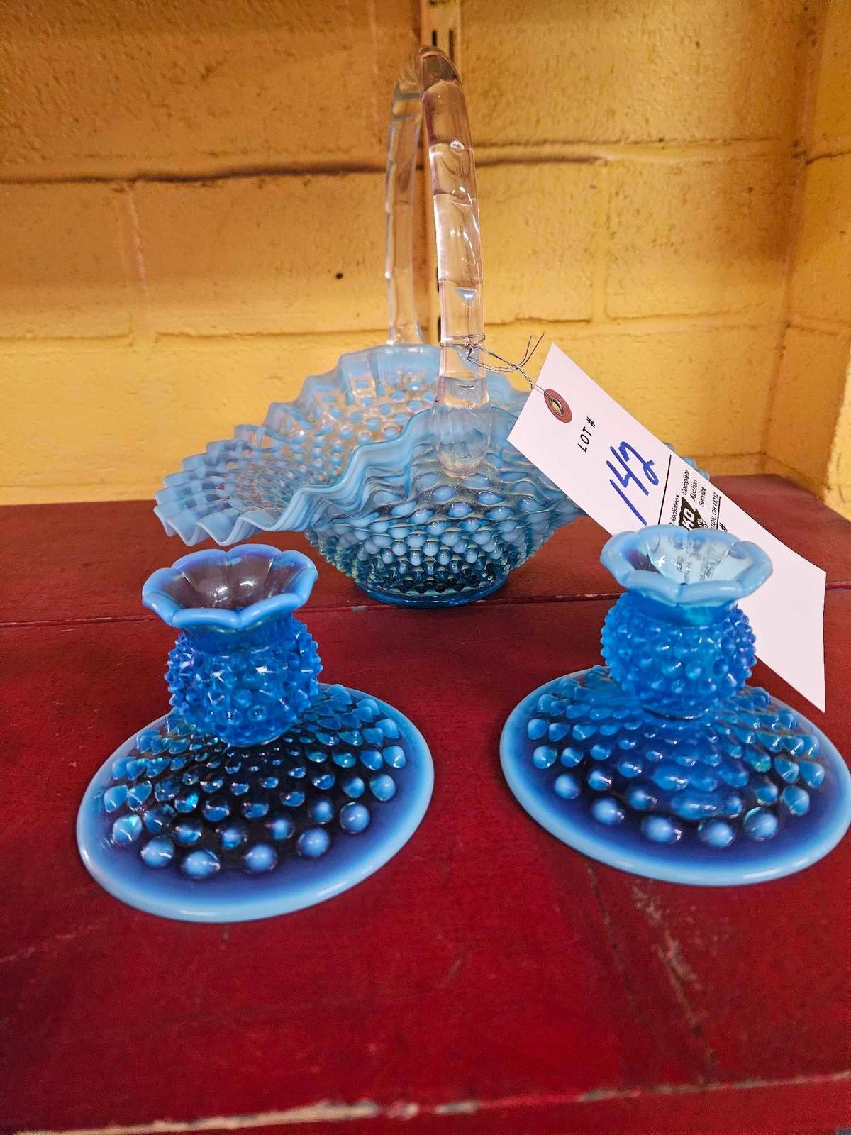 Fenton blue hobnail overlay basket and candlesticks