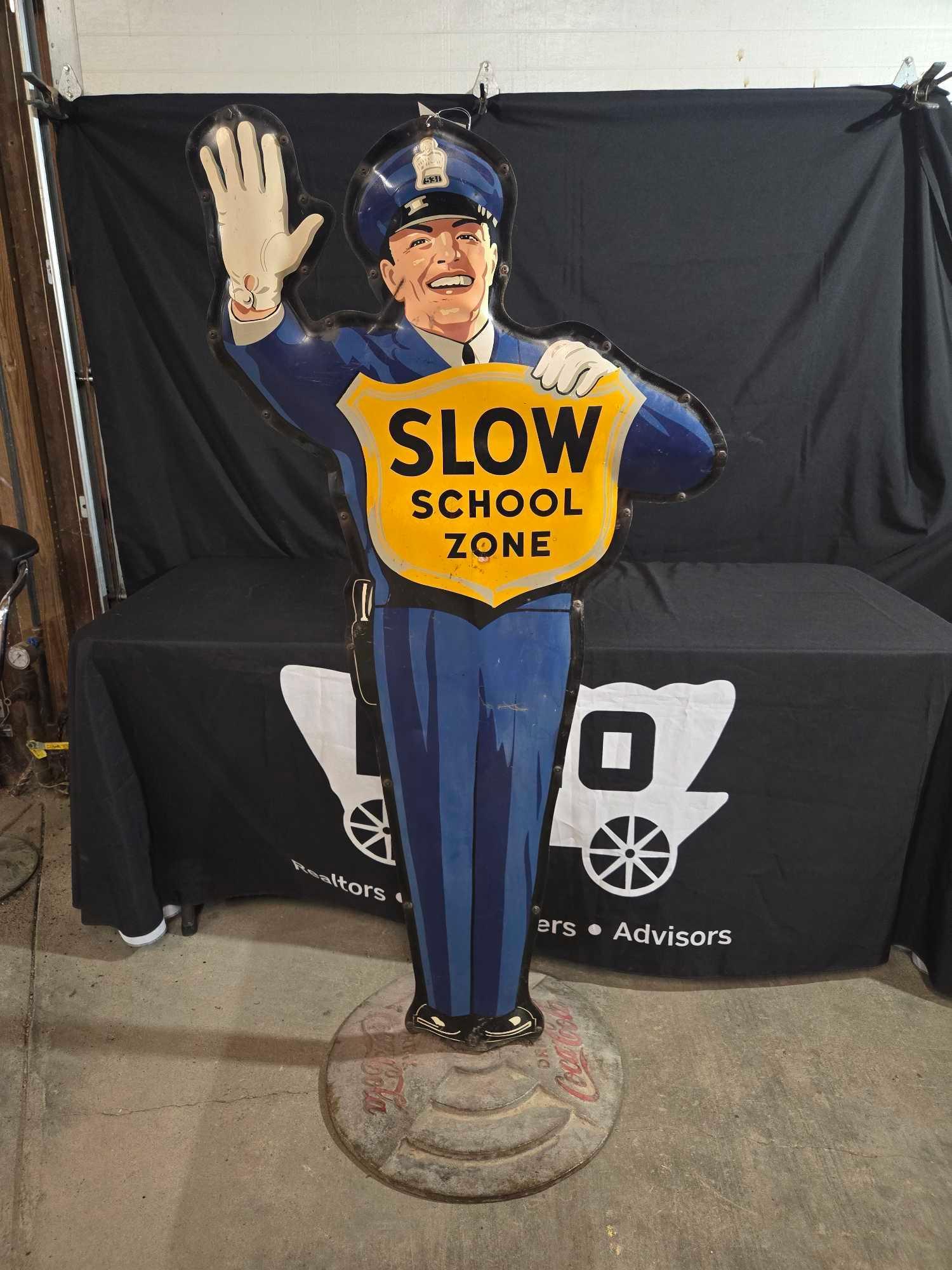 Coca Cola Double Sided Slow School Zone Sign w/ Heavy Cast Base