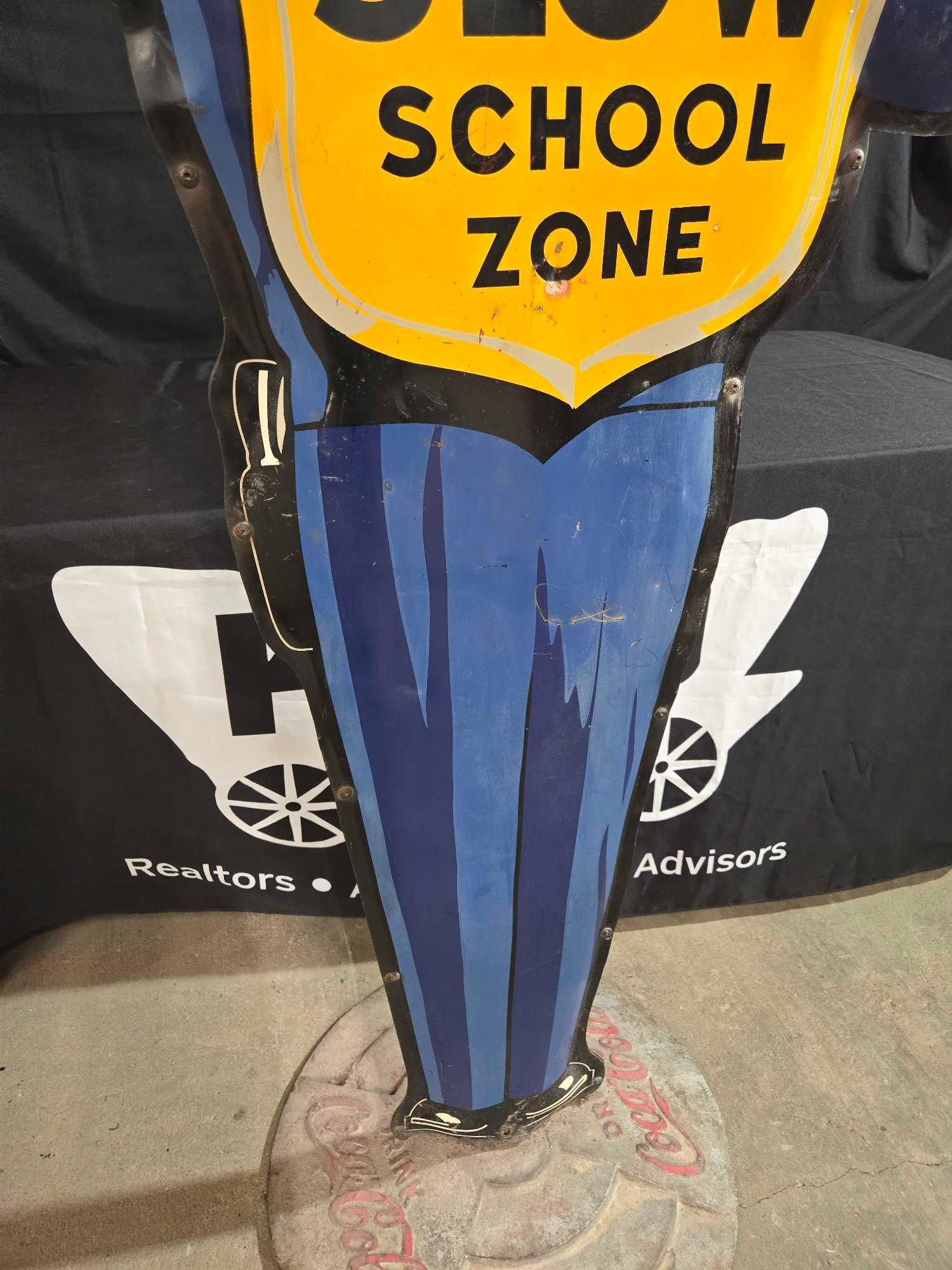 Coca Cola Double Sided Slow School Zone Sign w/ Heavy Cast Base