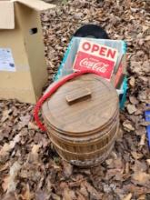 Plastic Coca-Cola barrel cooler, signs, knife and scope