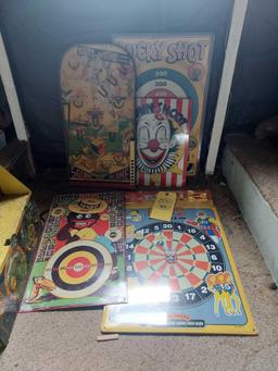 Vintage Metal Decor, Metal Pinball Game, Metal Shooting Gallery Display, & Moe's Diner Dart Board