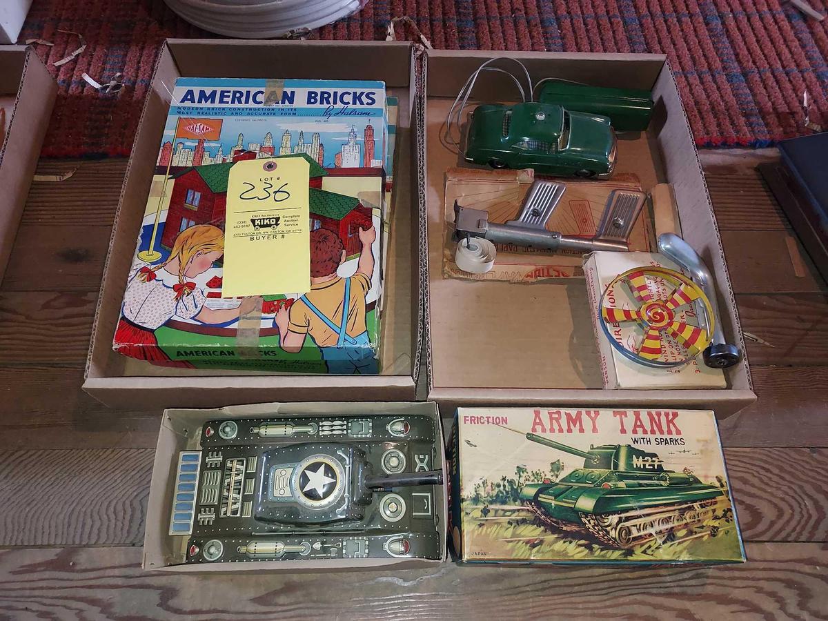 Halsam American Bricks Sets, Friction Army Tank, & Other Vintage Toys