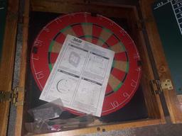 Dart Board, Metal Table, & Rolling Tripod Stool