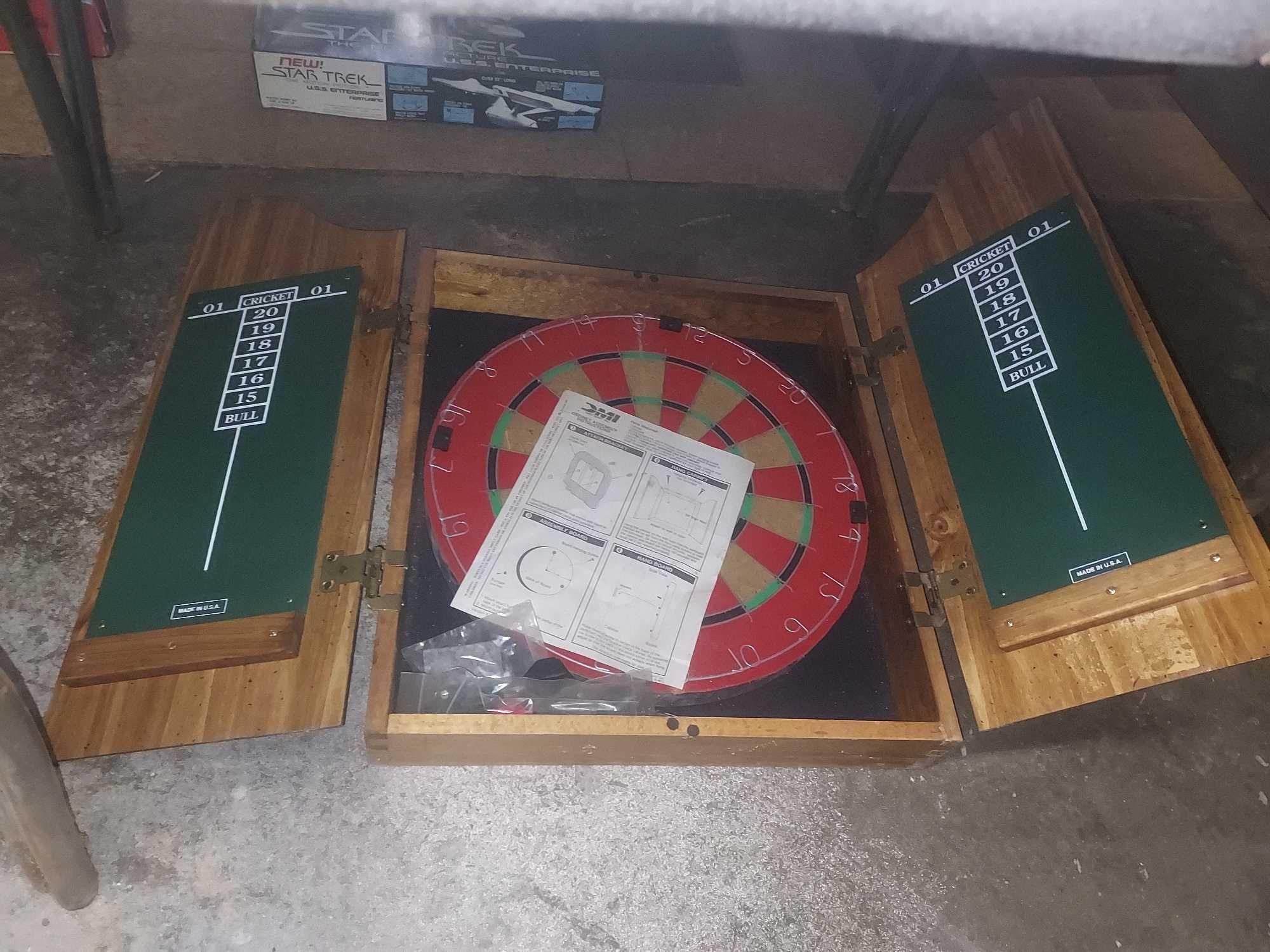 Dart Board, Metal Table, & Rolling Tripod Stool