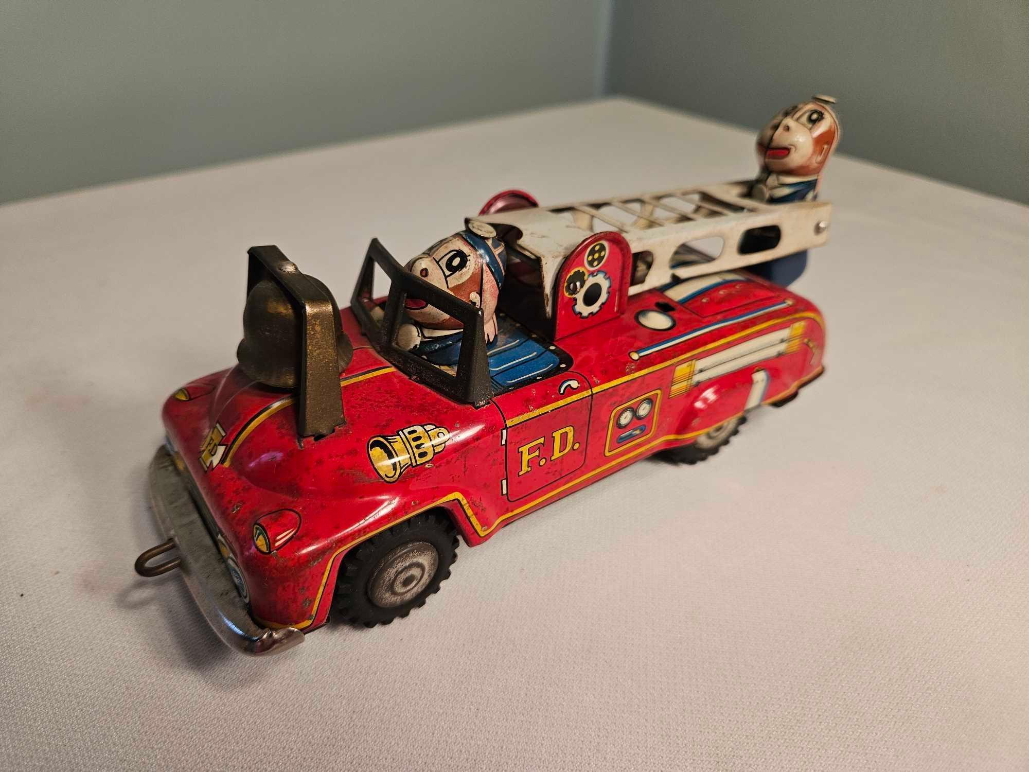 Vintage Tin Litho Mechanical Fire Truck - Japan