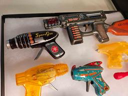 Assortment of Plastic and Tin Space Guns with Display Case