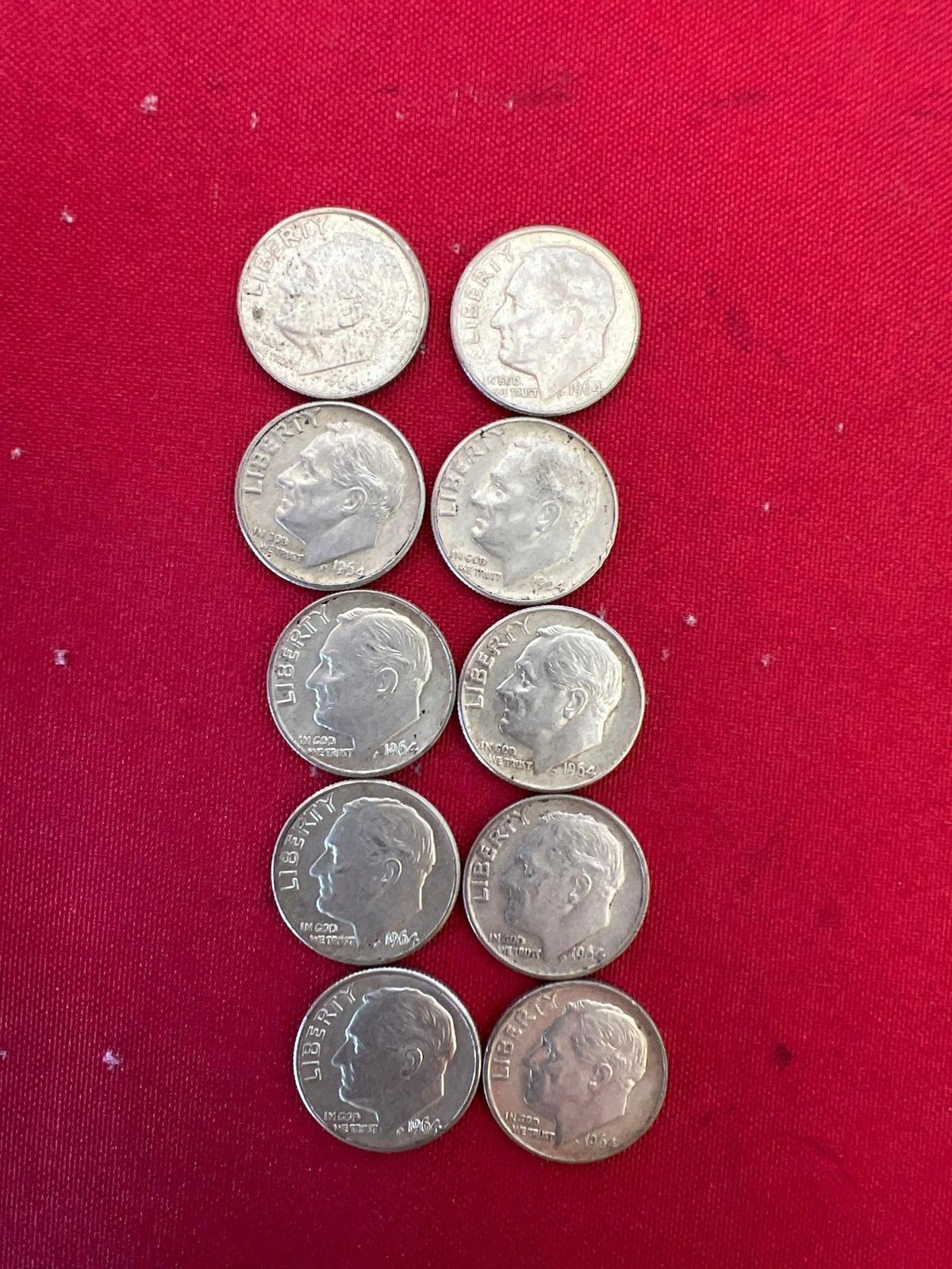 (10) Silver Dimes All 1964