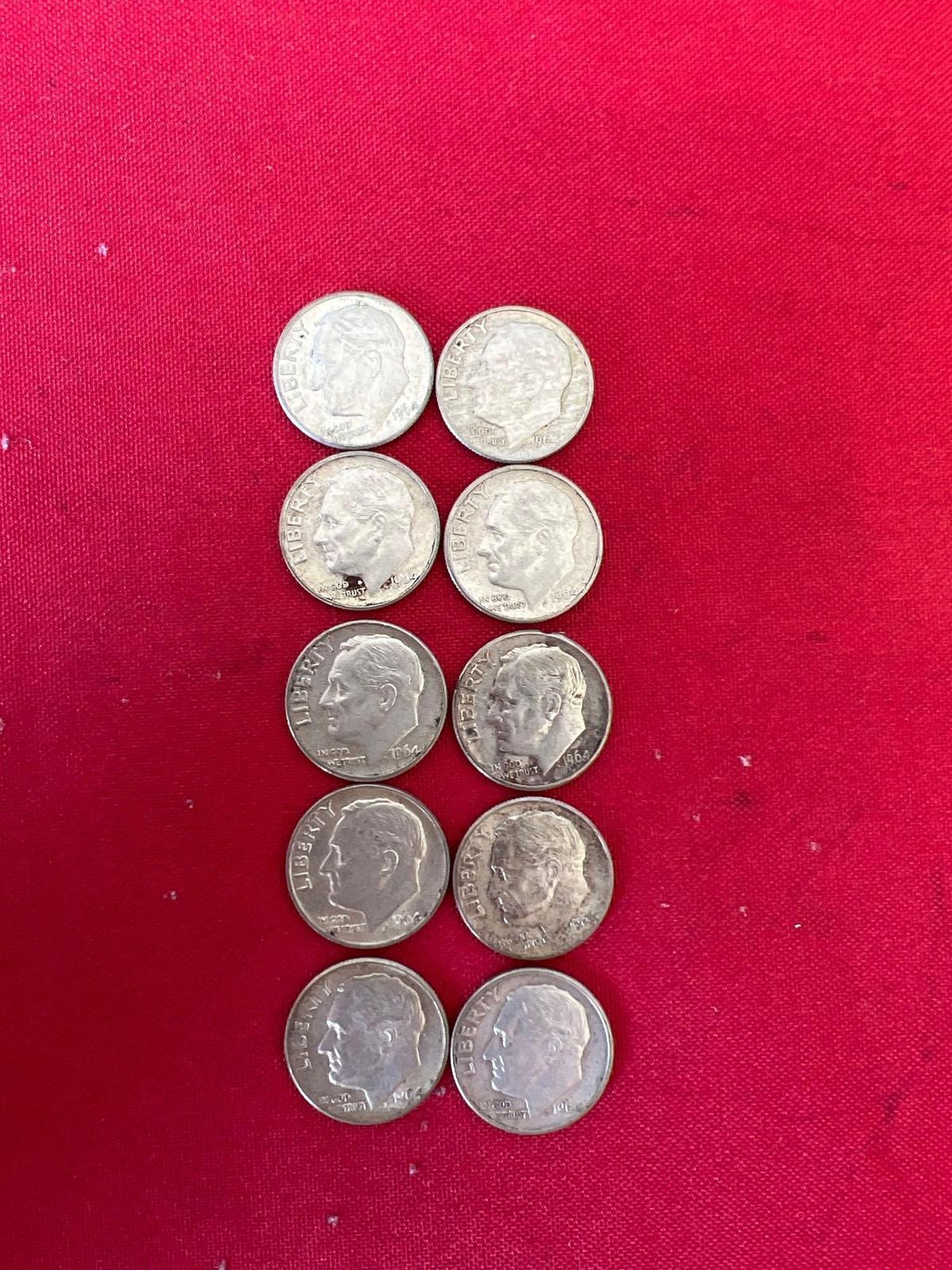 (10) Silver Dimes All 1964