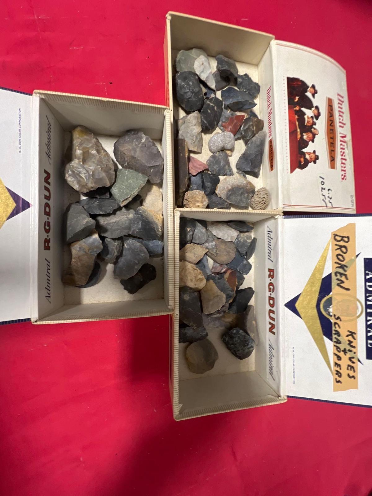 (3) Boxes of Broken Primitive Flint Arrowheads-Scrappers-Knives