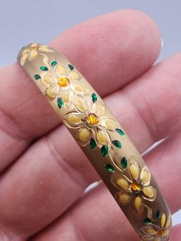 Very fine 10k gold enameled floral bangle bracelet