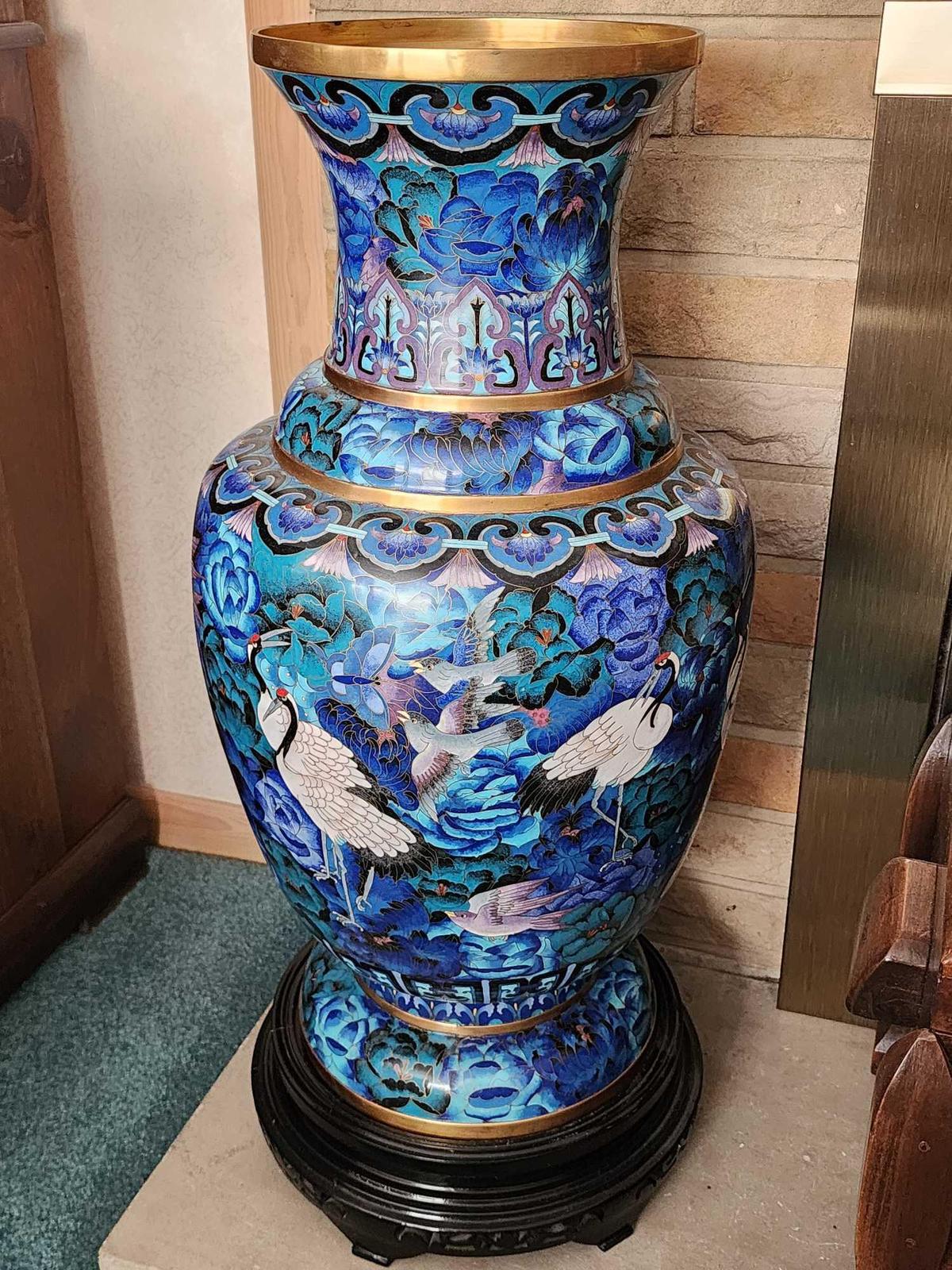 Incredible 29" tall Chinese cloisonne enamel palace sized vase