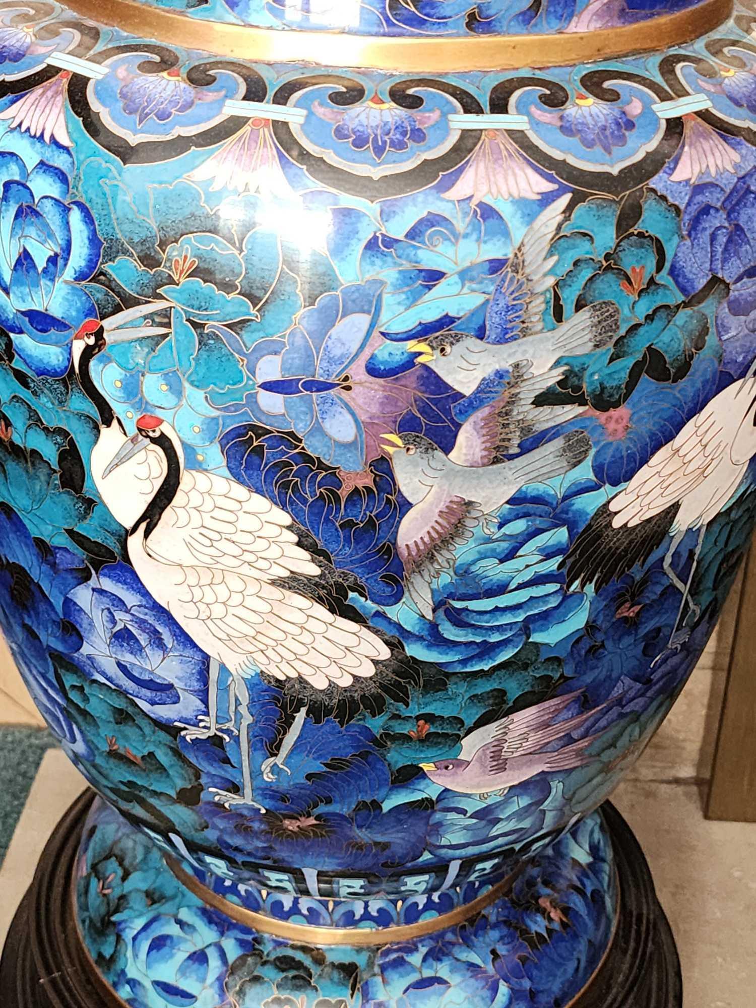 Incredible 29" tall Chinese cloisonne enamel palace sized vase