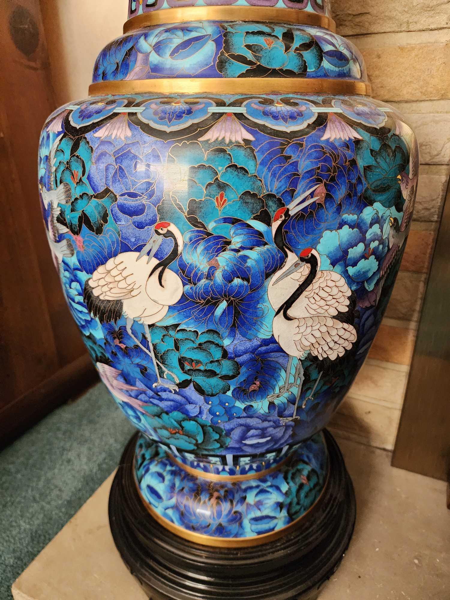 Incredible 29" tall Chinese cloisonne enamel palace sized vase