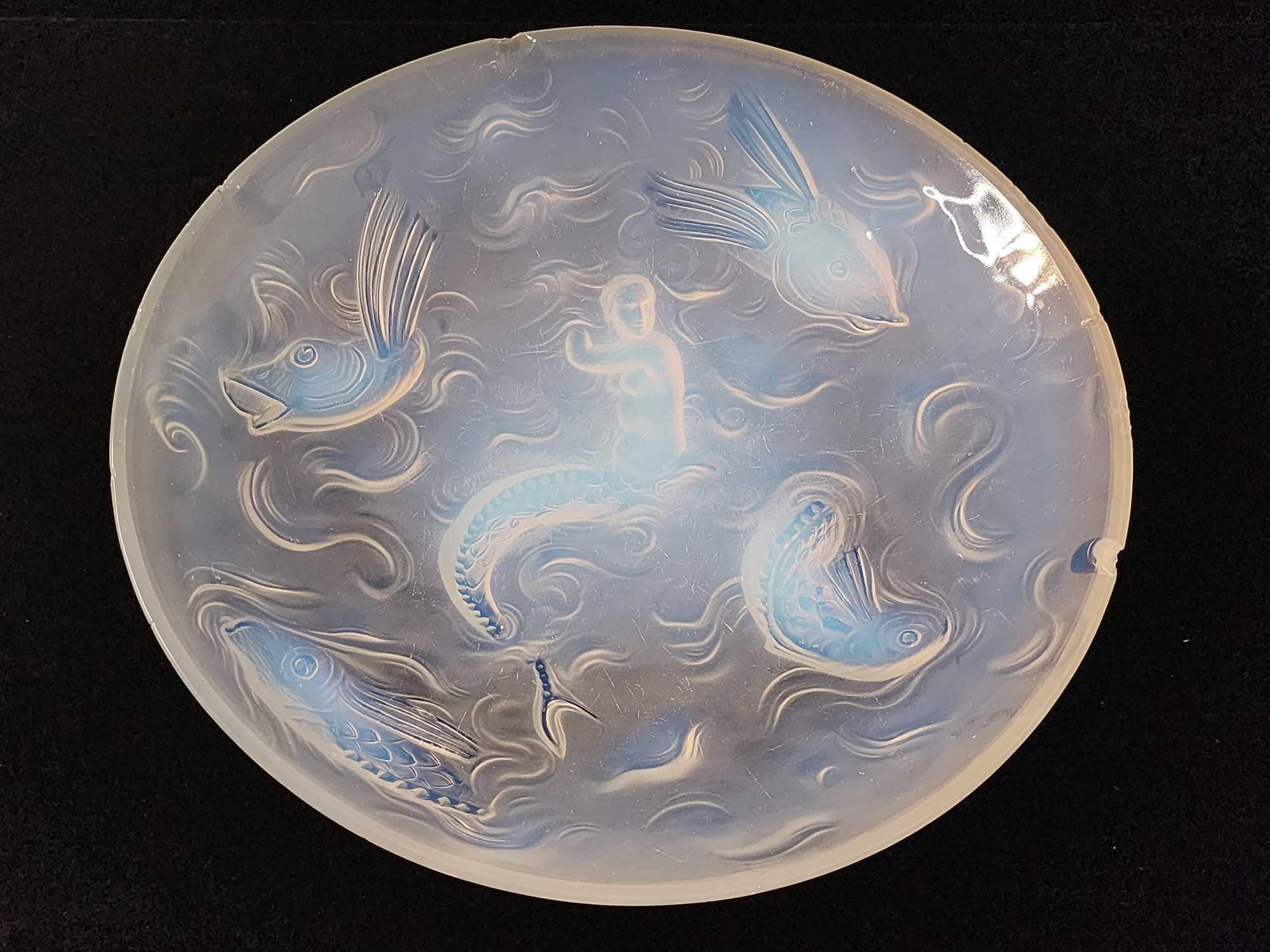 Huge 1930s vintage opalescent glass bowl with mermaid & fish