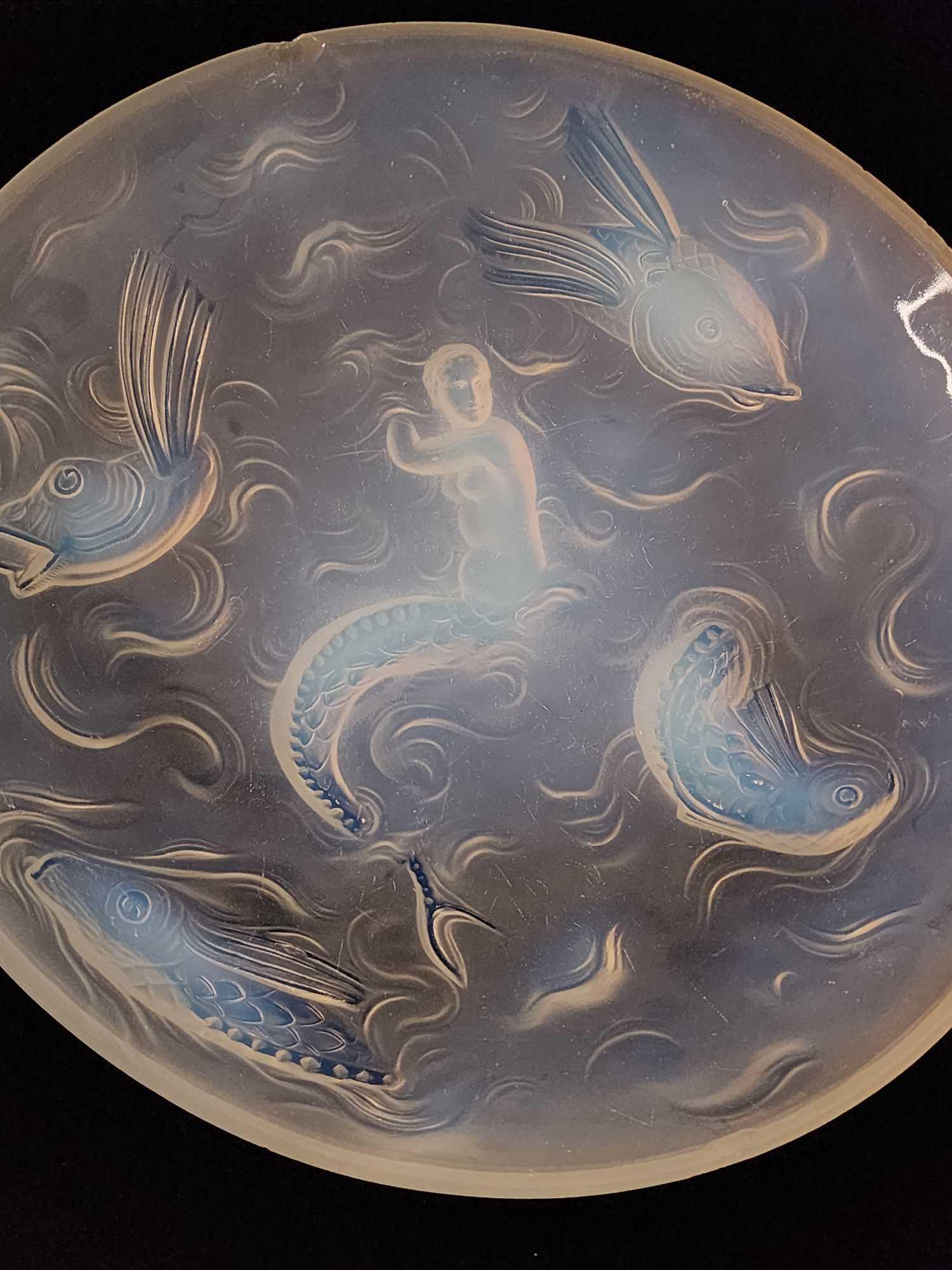 Huge 1930s vintage opalescent glass bowl with mermaid & fish