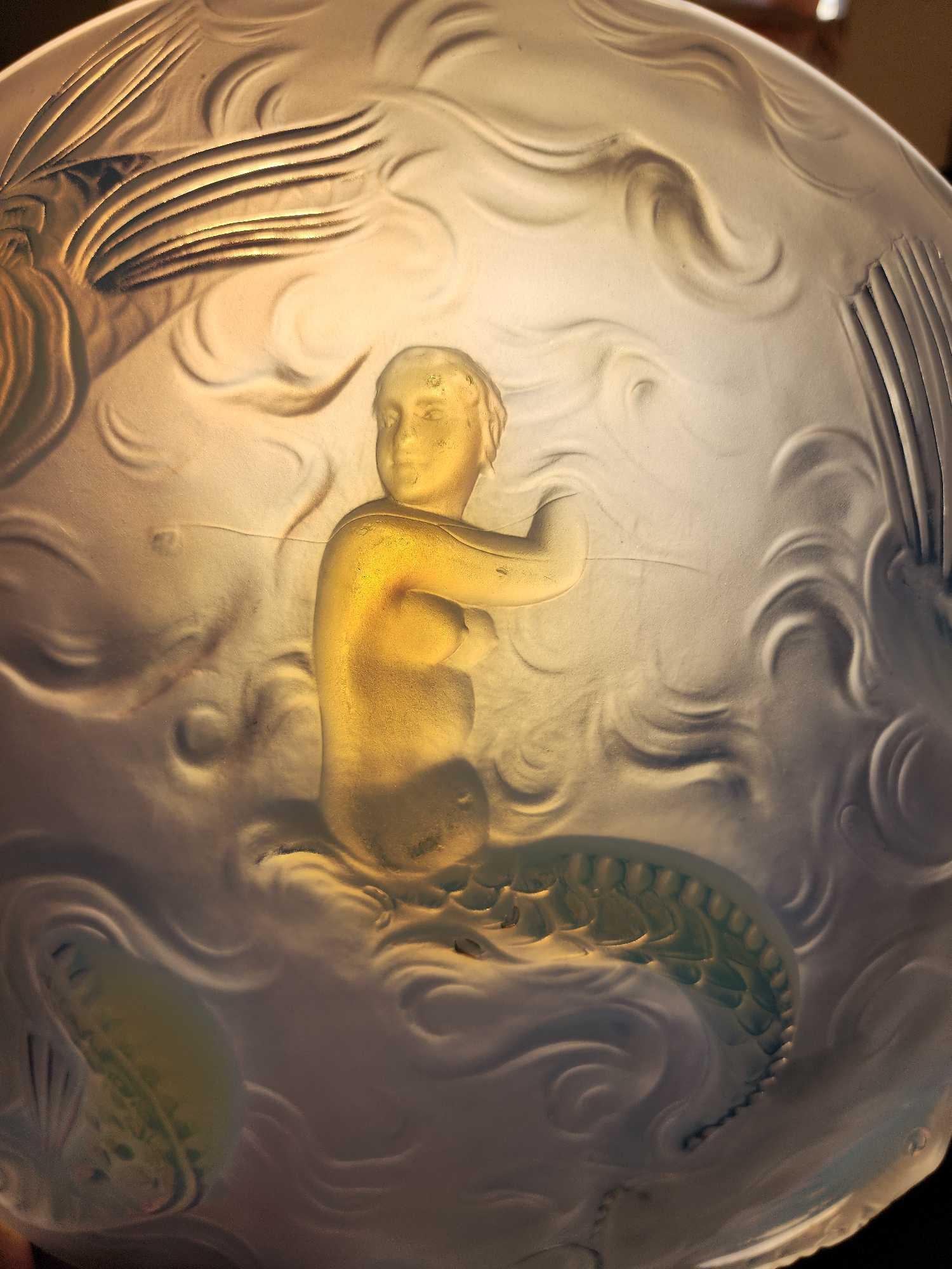 Huge 1930s vintage opalescent glass bowl with mermaid & fish