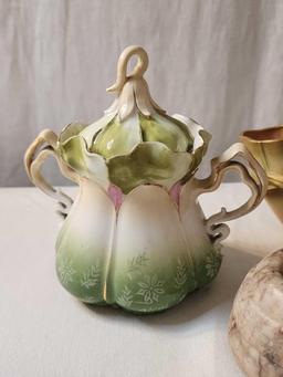 (2) Antique Art Nouveau porcelain items & unusual stone pot