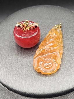 14k gold stone apple pendant & Chinese stone carving drop