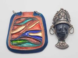 Vintage Mexican silver Los Ballesteros face pin & enamel pendant