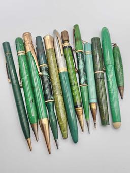 (12) vintage green plastic fountain pens & mechanical pencils