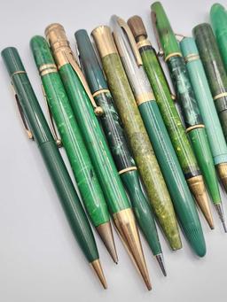 (12) vintage green plastic fountain pens & mechanical pencils