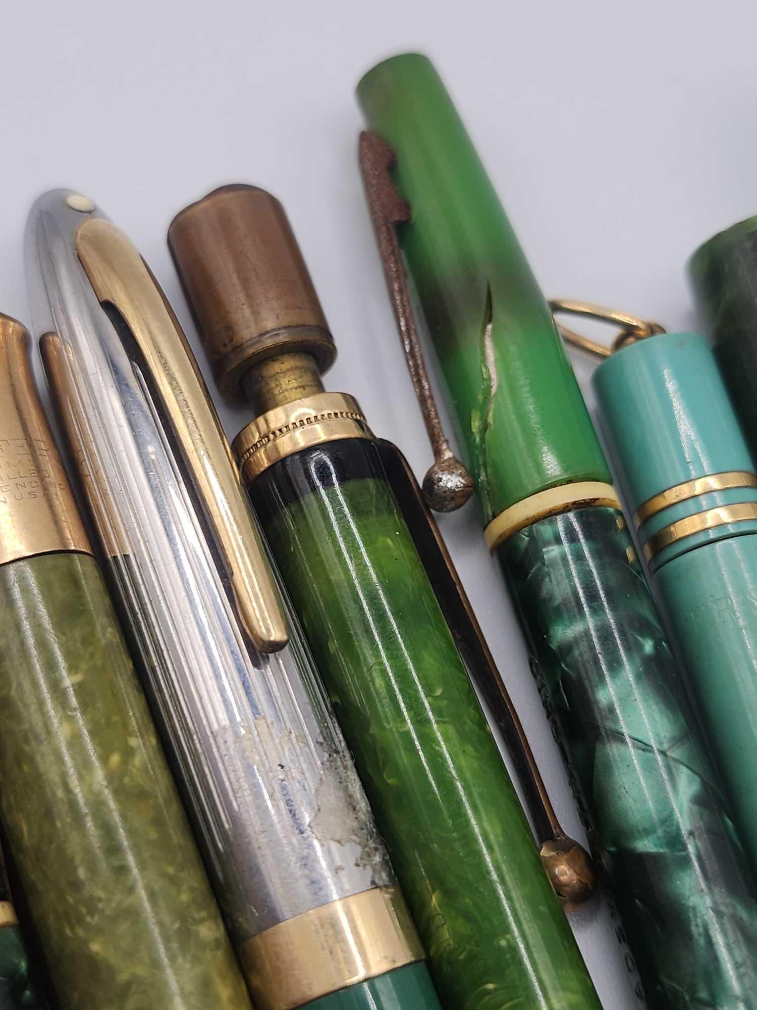 (12) vintage green plastic fountain pens & mechanical pencils