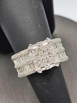 Genuine 3 carats of diamonds, pave sterling silver ring, size 7