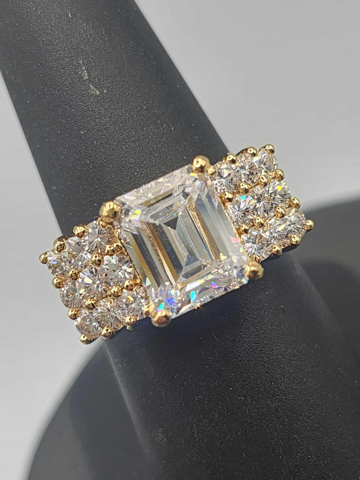 Vintage gold vermeil sterling silver & large CZ ring, size 8