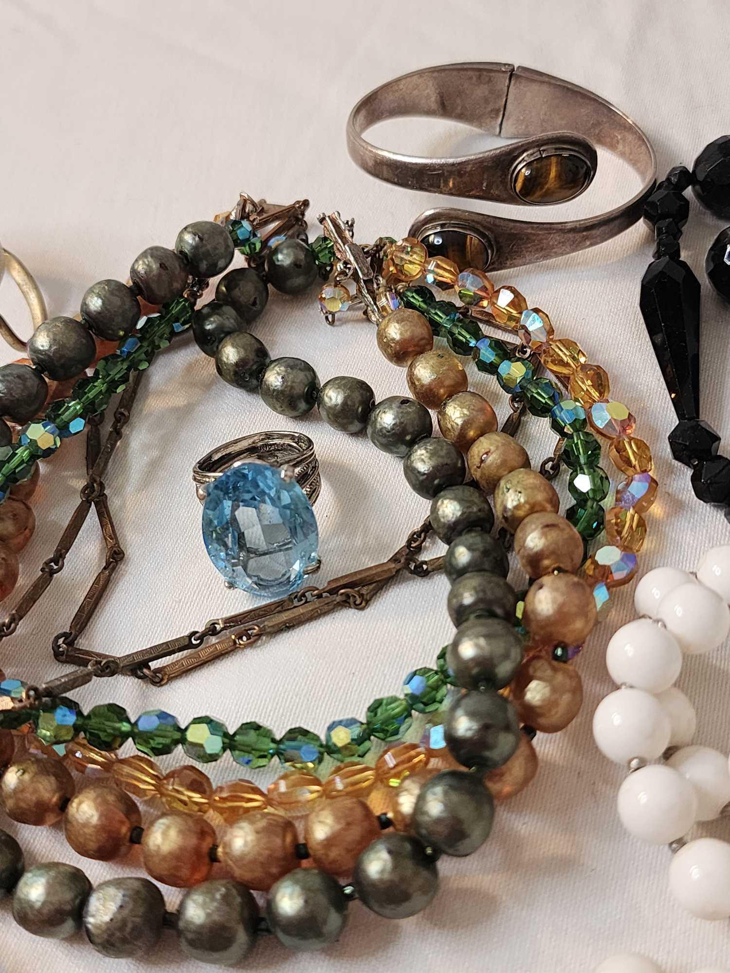 Vintage costume jewelry lot: beads, rhinestones, sets