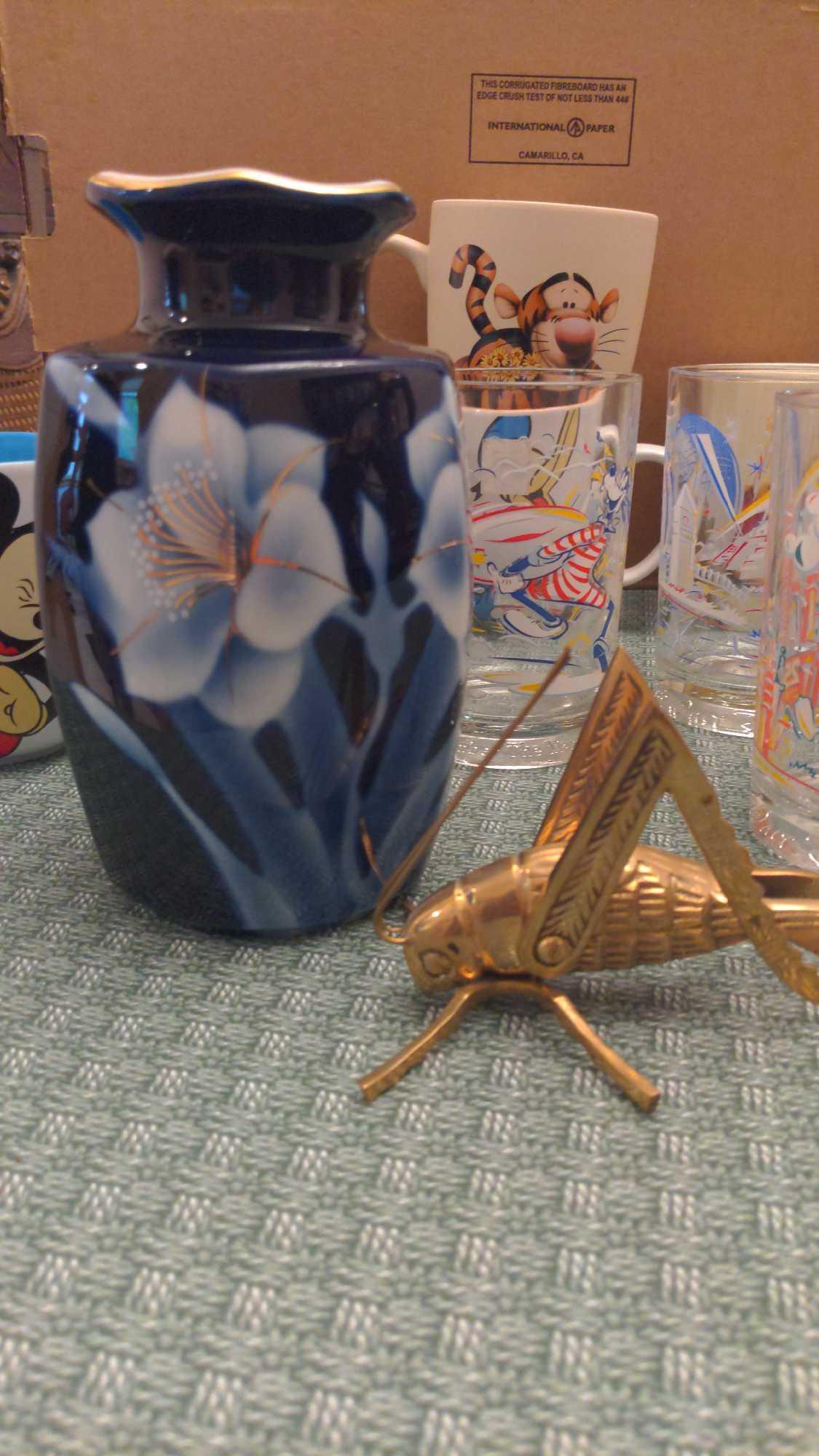 Japanese Porcelain Vase, Brass Grasshopper paperweight, & collectible glassware