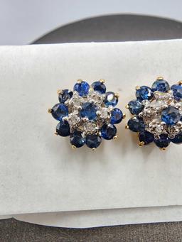 Vintage 14k gold blue sapphire & diamond stud earrings