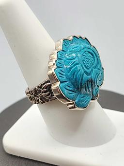 Large carved lotus flower & sterling silver ring, size 8