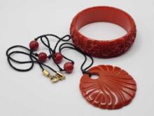 Vintage carved red plastic bangle bracelet & necklace