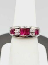 Vintage ruby & diamond 14k white gold band ring, size 7