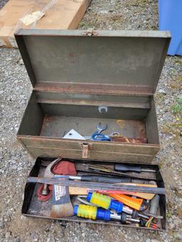 Toolbox, hatchet, hammer, wrenches, tools