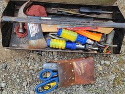 Toolbox, hatchet, hammer, wrenches, tools