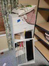 White cabinet, iron board, drying rack and floating shelf