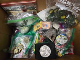 Display Corn, Assorted John Deere items, Pins, Belt Buckle, Pens, and more