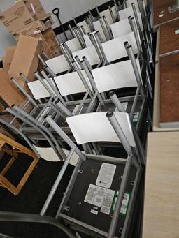 14 square Plymold restaurant tables with 32 Plymold chairs, good condition