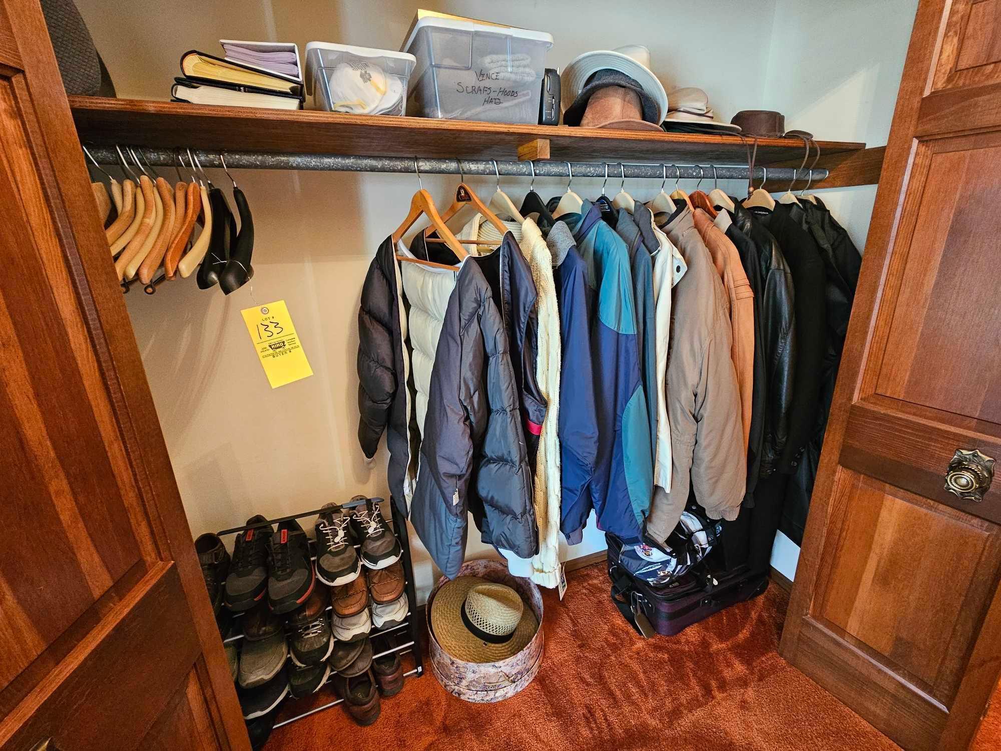 Contents of Closet - Mens Coats Size XL, Hats, Shoes Size 10.5