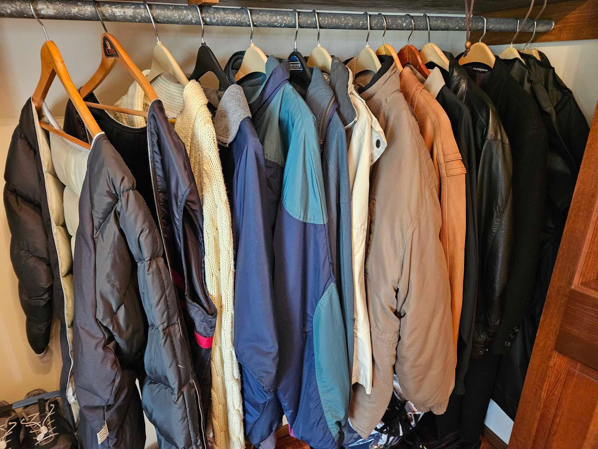 Contents of Closet - Mens Coats Size XL, Hats, Shoes Size 10.5