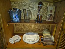 Contents Under Basement Bar - Cups, Glassware, Decanters, Hamilton Beach Blender, & more