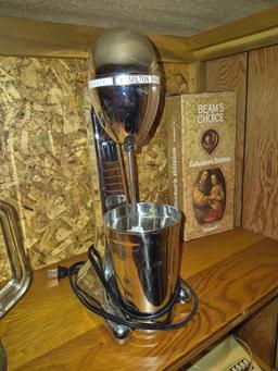 Contents Under Basement Bar - Cups, Glassware, Decanters, Hamilton Beach Blender, & more