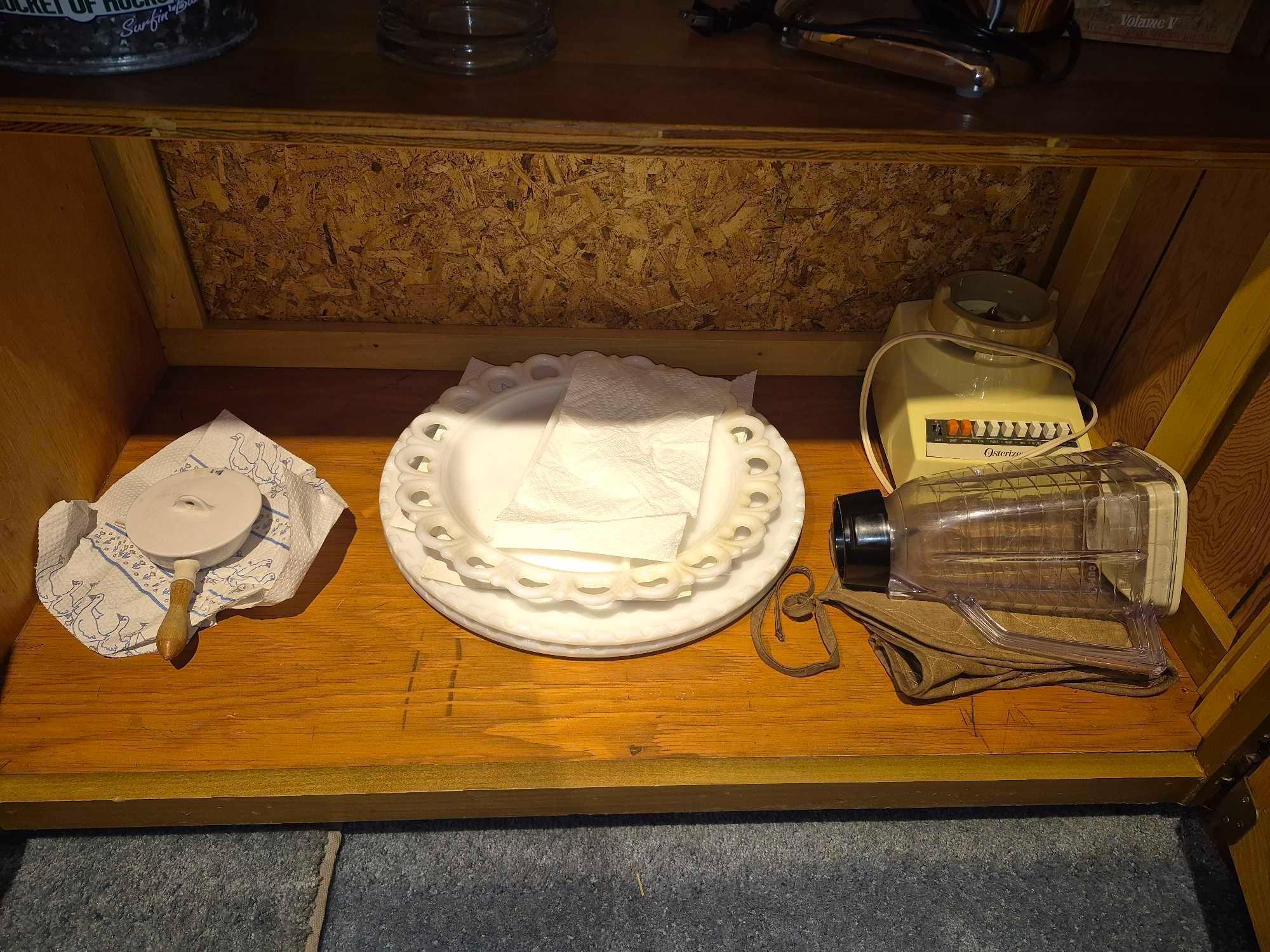 Contents Under Basement Bar - Cups, Glassware, Decanters, Hamilton Beach Blender, & more