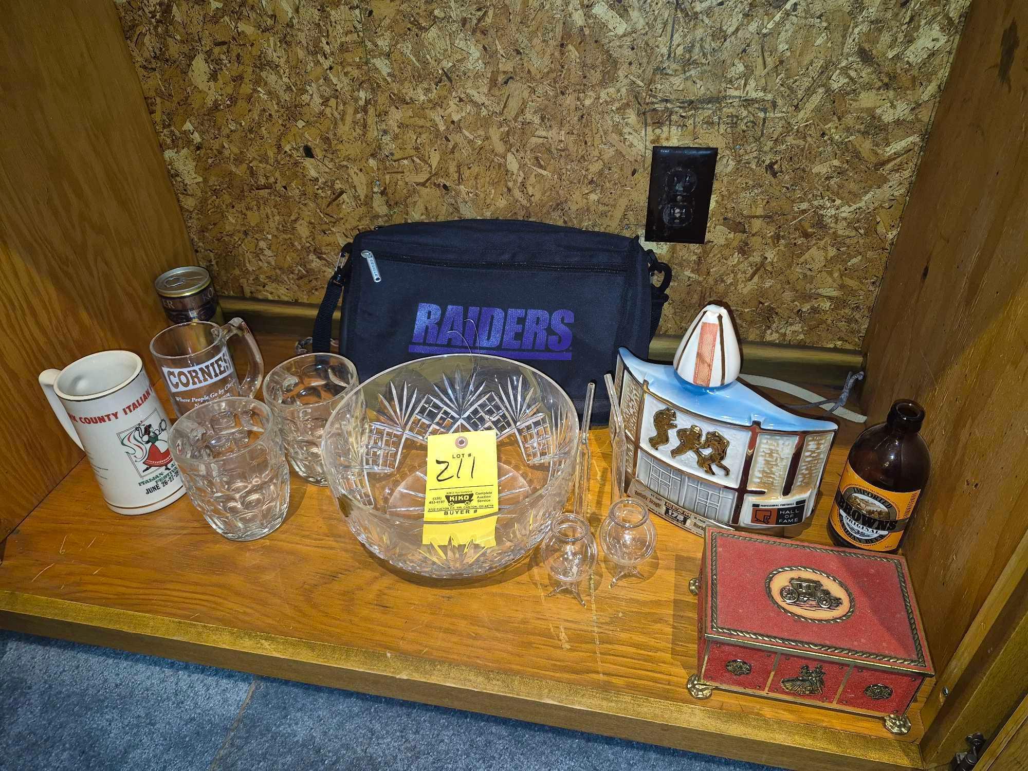 Contents Under Basement Bar - Cups, Glassware, Decanters, Hamilton Beach Blender, & more