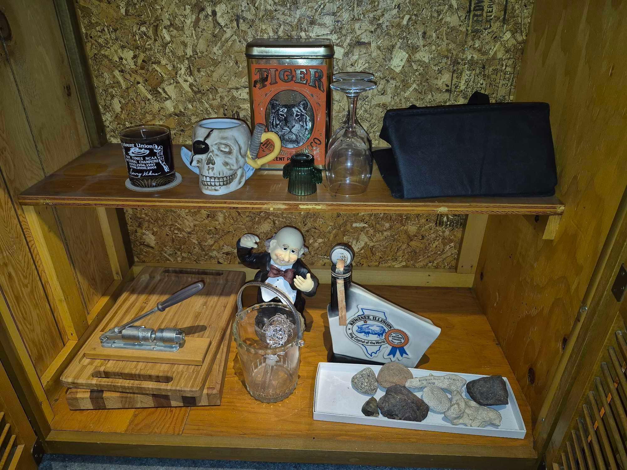 Contents Under Basement Bar - Cups, Glassware, Decanters, Hamilton Beach Blender, & more