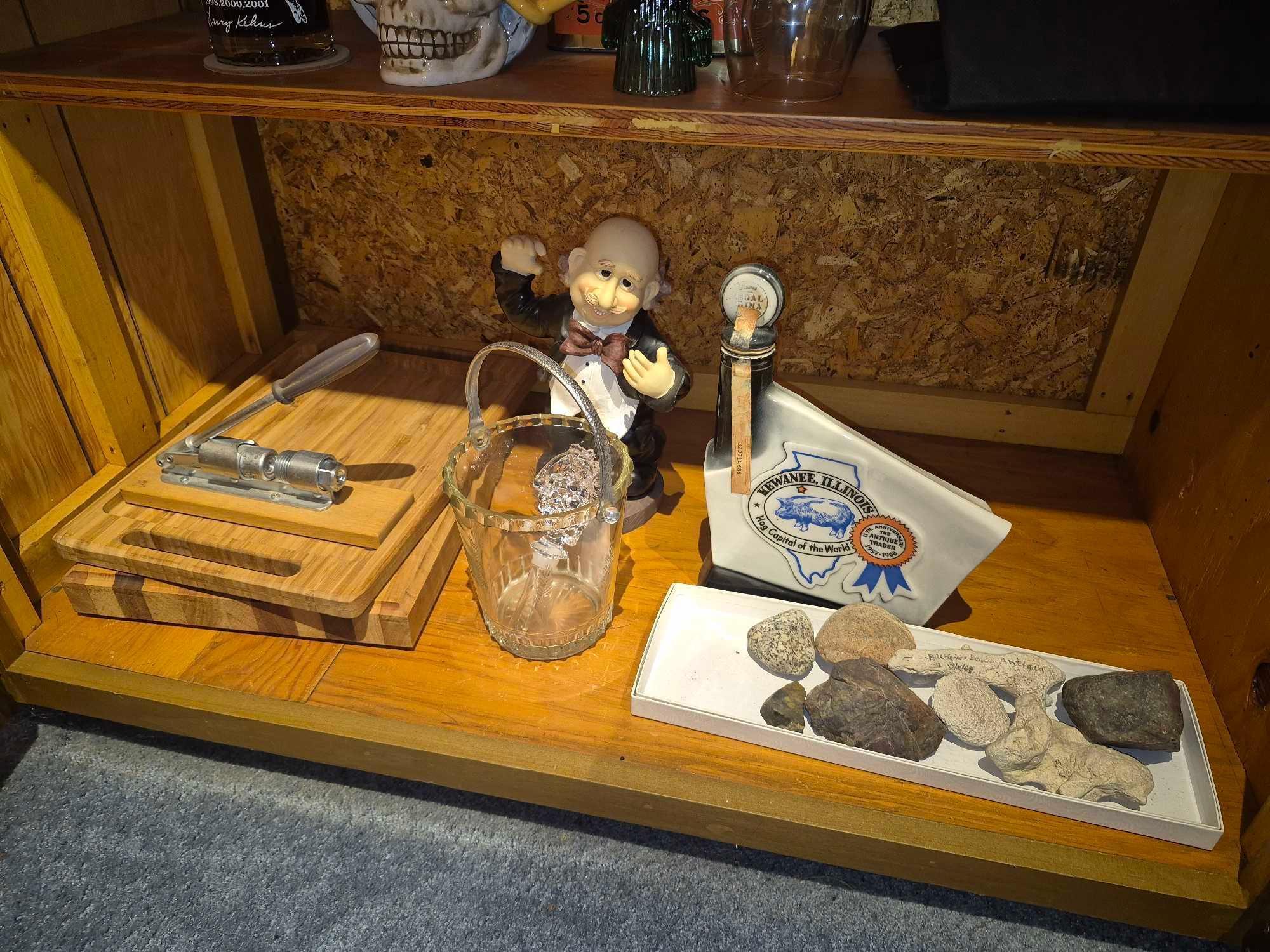 Contents Under Basement Bar - Cups, Glassware, Decanters, Hamilton Beach Blender, & more