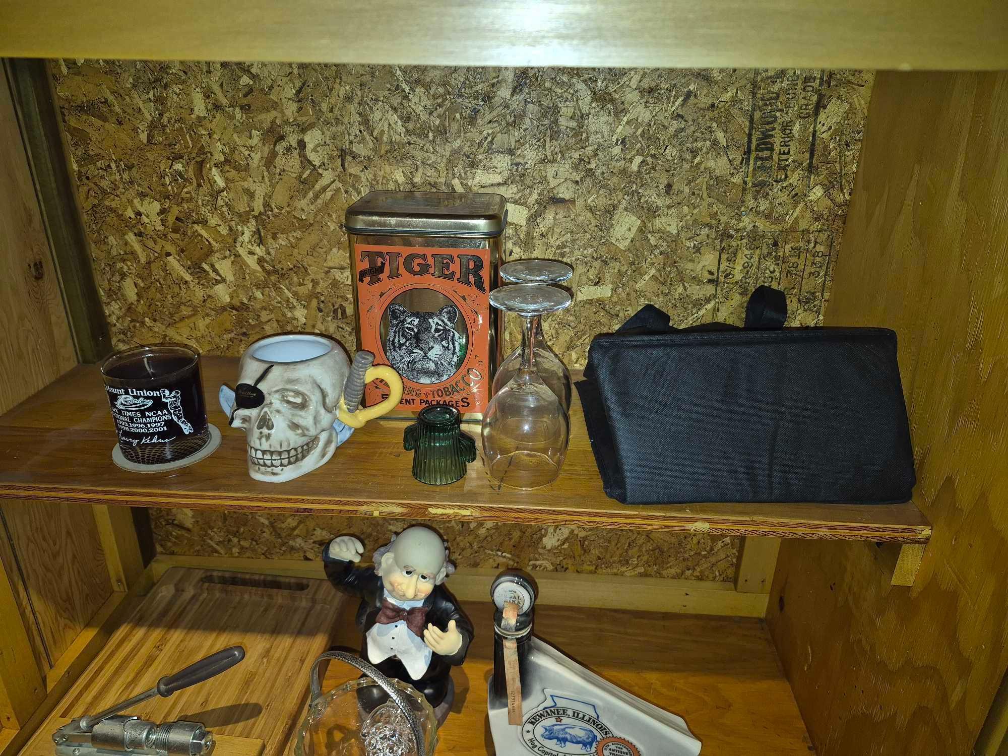 Contents Under Basement Bar - Cups, Glassware, Decanters, Hamilton Beach Blender, & more
